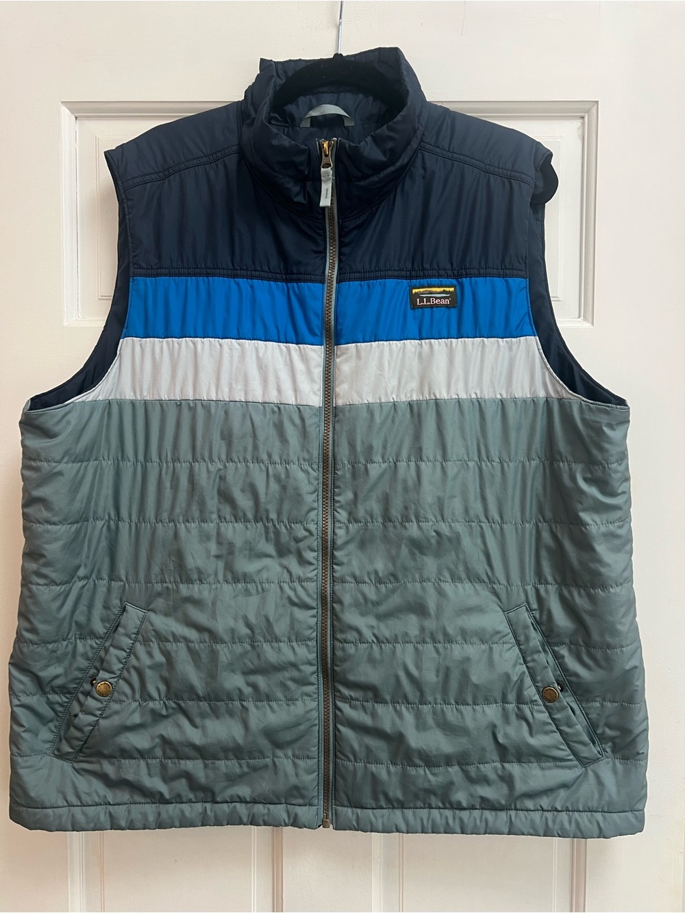 L.L. Bean Men's Quilted Colorblock Vest in Navy, Blue, White, and Gray